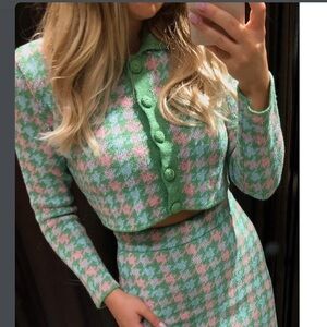 NWT, ZARA, Houndstooth Knit Cardigan In Green